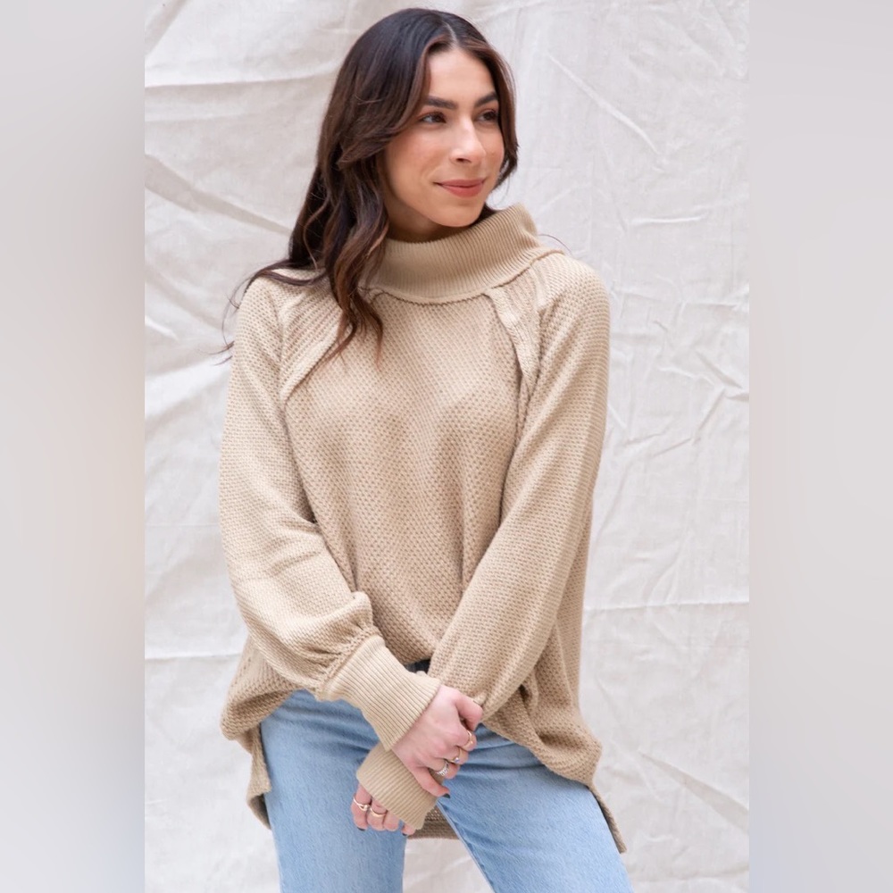 She's A Keeper Funnel Neck Side Slits Long Sleeve Rib Cuff Knit Pullover